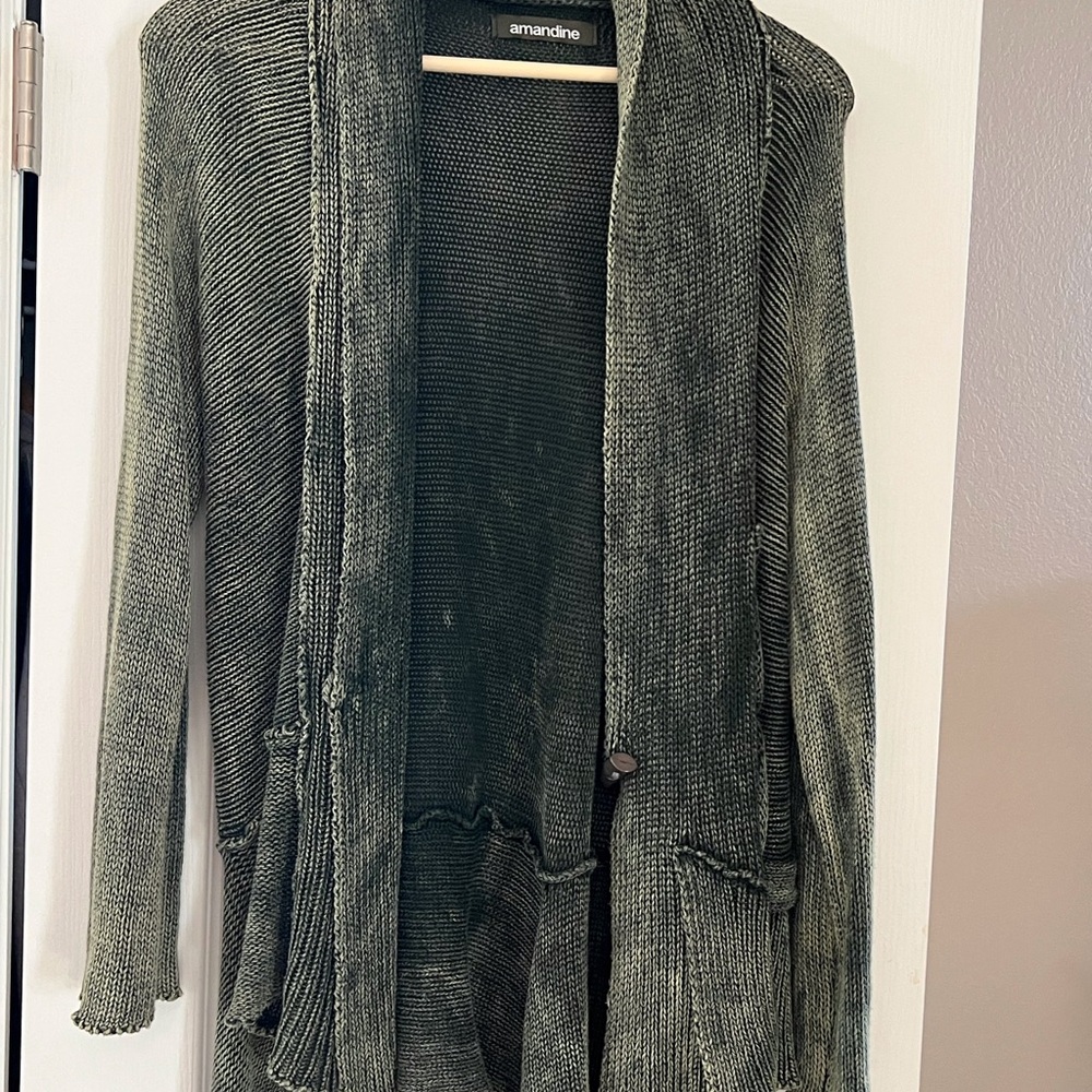 Amandine Gray Green cotton  crochet like knit Front Cardigan_